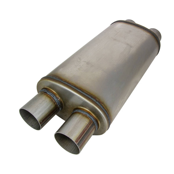 Twin 2.5" Megaflow Muffler with internal X Pipe 409 Stainless Steel