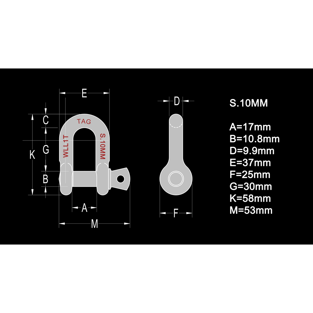 D-SHACKLE - 10MM THICK 1000KG, Carbon Steel, Galvanised  BULK PACKED