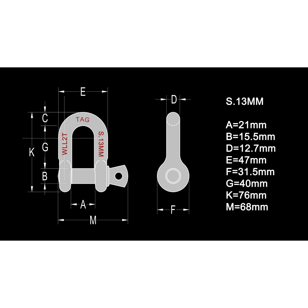 D-SHACKLE - 13MM THICK 2000KG, CARBON STEEL BULK PACKED