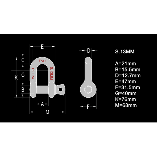 TAG D-Shackle - 13mm, 2000kg, Drop Forged Carbon Steel