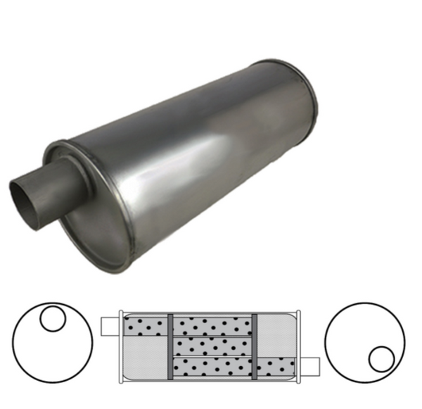 Redback 8" Round Offset/Offset Muffler – 2-1/4" Inlet/Outlet, 22" Overall, LH, 409 Stainless
