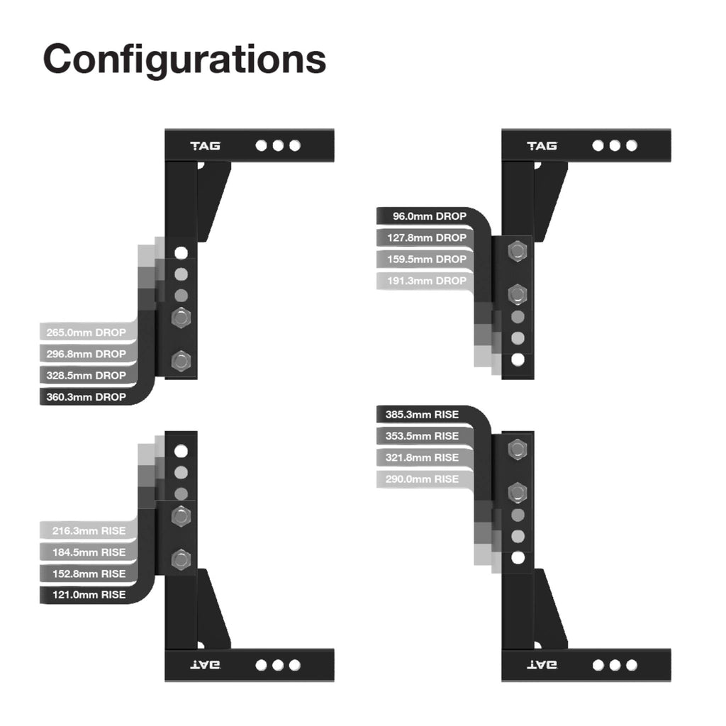 TAG Adjustable Heavy Duty Tow Ball Mount 90° Face, 50mm Square Hitch - 360mm Drop, 385mm Rise